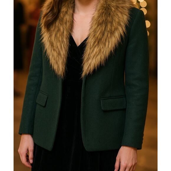 Tobi Wool Blend Blazer Faux Fur Collar Women Forest Green Tan Sz M Holiday Coat - Picture 8 of 14
